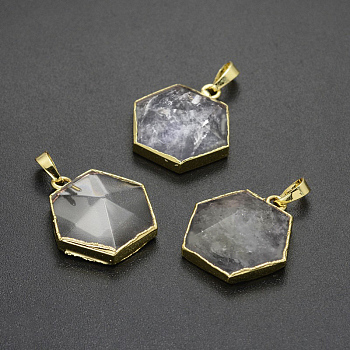 Pendentifs de cristal de quartz naturel, pendentifs en cristal de roche, avec les accessoires en laiton plaqués or, hexagone, 28~30x28~30x10~11.5mm, Trou: 8x5mm
