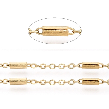 Placage ionique (ip) 304 chaînes porte-câbles en acier inoxydable, avec des perles tubulaires, soudé, avec bobine, Ovale Plat, or, perles tubulaires: 54x28mm, lien: 2~5.5x1.5~2 mm, environ 32.8 pied (10 m)/rouleau