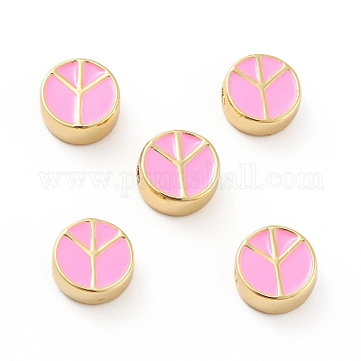 Плоские круглые со знаком мира латунные эмалевые бусины KK-G419-05G-03-1