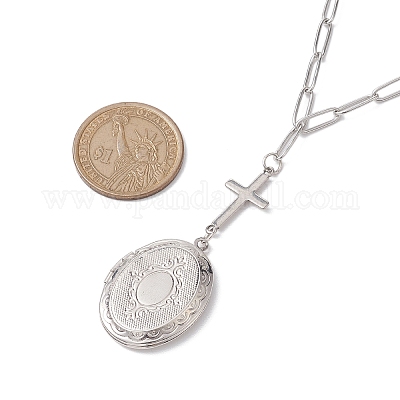 Ожерелья с подвесками из латуни в форме креста и овального медальона NJEW-JN04960-1