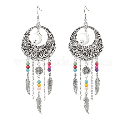 Серьги-люстры из сплава Moon Web с перьями EJEW-JE05120-1