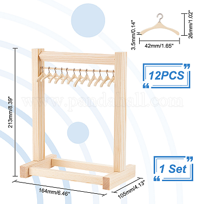 Ahademaker 1 セット 木製ドール ガーメント ラック セット ドールクローゼット ミニチュア木製人形ハンガー12個付き。  ドールハウス家具アクセサリー バリーウッド クローゼットの仕上がり: 164x105x213mm