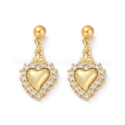 Серьги-гвоздики в форме сердца из латуни с микропаве из прозрачных кубических цирконий EJEW-F895-14G-1