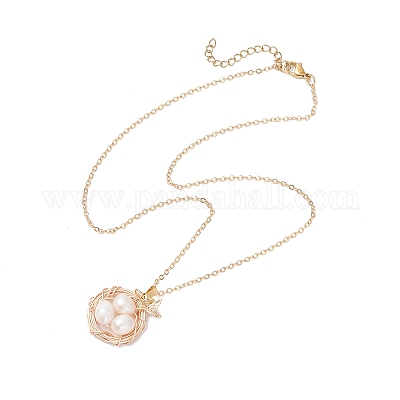 Ожерелья с подвеской в виде птичьего гнезда из натурального культивированного пресноводного жемчуга с медной проволокой NJEW-TA00189-1