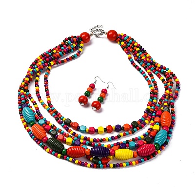 Комплект из многослойных ожерелий из деревянных бусин ручной работы и серег в стиле бохо SJEW-A001-01B-1