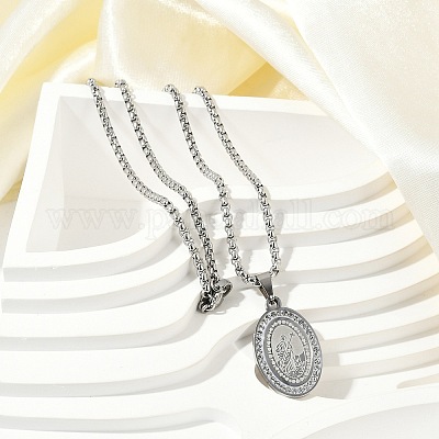 Мужские ожерелья с подвеской в форме овальной коробки из нержавеющей стали 201 с микропаве из прозрачных кубических цирконий NJEW-S387-02P-1