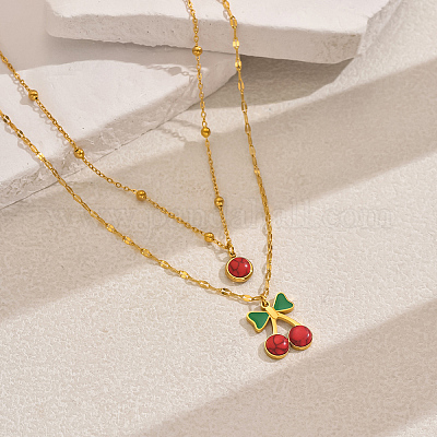 Двухслойные ожерелья с подвеской в виде вишни из нержавеющей стали 201 с красной эмалью для повседневных праздничных женских образов IT9845-1