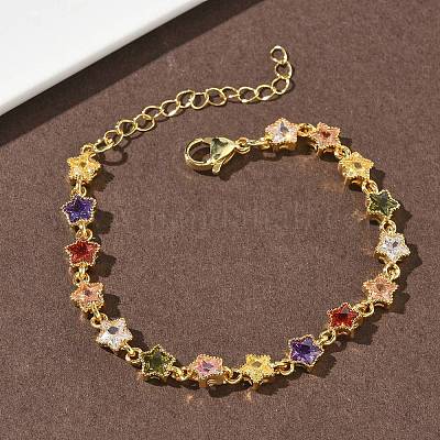 Браслеты-цепочки из латуни с инкрустацией кубическим цирконием в форме звезды для женщин&nbsp;BJEW-P385-03G-1