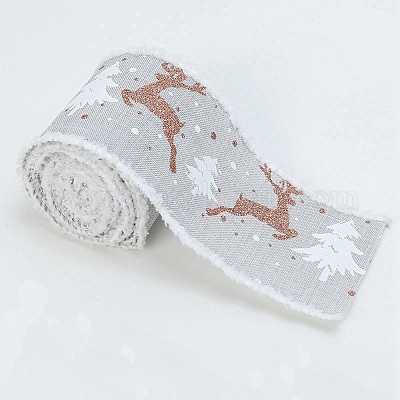 Christmas Theme Wired Linen Ribbon, Fuzzy Edged Ribbon, Deer & Christmas Tree Print, Light Grey, 2-1/2 inch(65mm), About 10.94