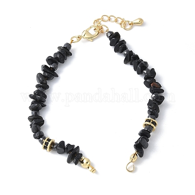 Изготовление браслета из латунного черного кубического циркония и бусин из натурального обсидиана KK-F892-18G-1