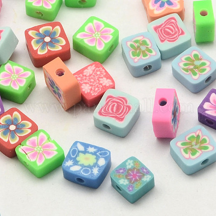 Handmade Polymer Clay Square with Flower Beads CLAY-Q214-10mm-M-1