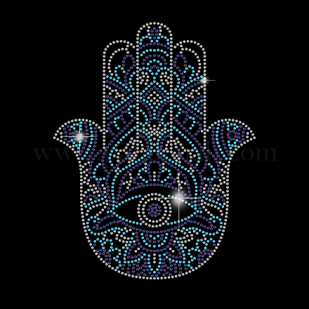 SUPERDANT Hamsa Hand Iron on Rhinestone Blue Heat Transfer T-Shirt Crystal Decor Clear Bling DIY Patch Clothing Repair Hot Fix Applique for Clothing Vest Shoes Hat Jacket DIY-WH0303-093-1