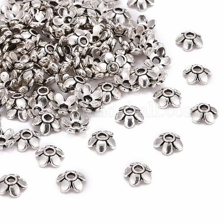 アンティークシルバーのチベットの銀5花びらの花ビーズキャップメッキ  鉛フリー＆カドミウムフリー  約6.5mm長  6.5 mm幅  厚さ2mm  穴：2mm X-LFH10006Y-1