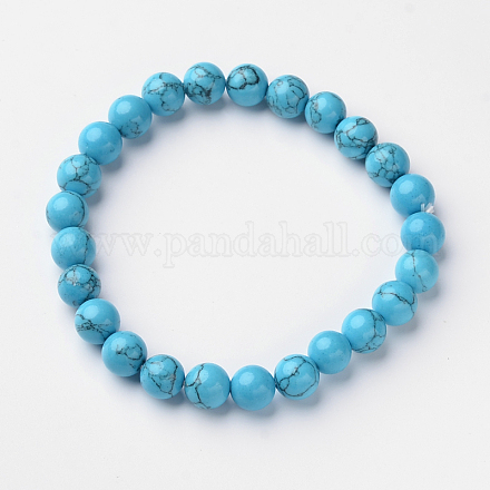 Turquoise synthétique perles rondes bracelets extensibles BJEW-L594-A01-1