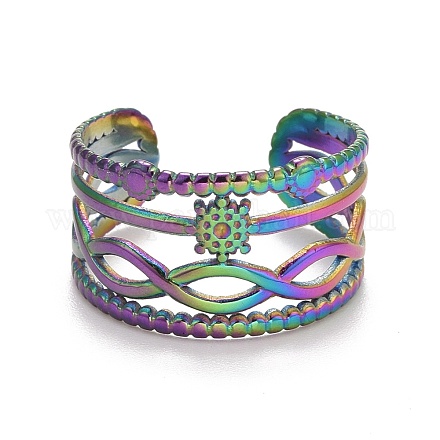 Rainbow Color Ion Plating(IP) 304 Stainless Steel Snowflake Open Cuff Ring for Women RJEW-A005-22MC-1