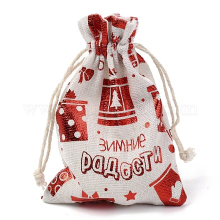 クリスマステーマの綿生地布バッグ  巾着袋  クリスマスパーティースナックギフトオーナメント用  クリスマステーマの模様  14x10cm ABAG-H104-B08-1