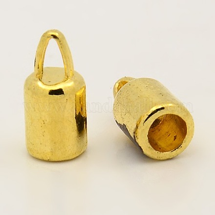 チベット風コードエンドパーツ  鉛フリー及びカドミウムフリー  コラム  ゴールドカラー  14x6.5mm  穴：4mm  内径：4~5mm X-TIBEP-LF9369YKG-G-LF-1