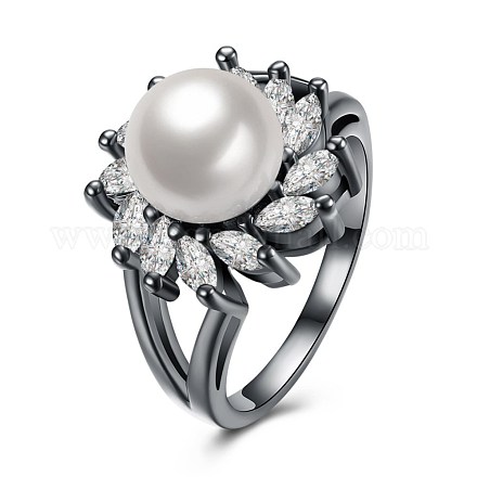 エレガントな真鍮のシェルパールの指の指輪  花  ガンメタ色  サイズ8  18.1mm RJEW-BB23131-8-1