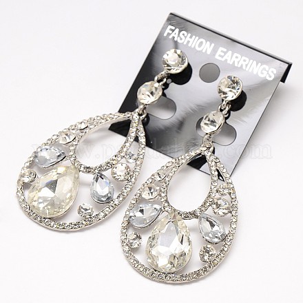 Femmes à la mode étincelantes pendantes en alliage pendentif en forme de larme pendentif en verre strass boucles d'oreilles X-EJEW-L054-08-1