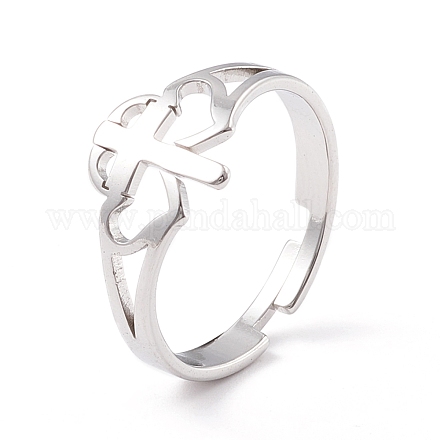 Double coeur avec croix 304 anneau réglable en acier inoxydable pour femme RJEW-B035-06P-1