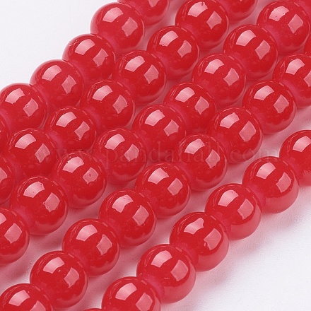 Red Color Spray Painted Round Imitation Jade Glass Beads Strands X-DGLA-S076-8mm-29-1