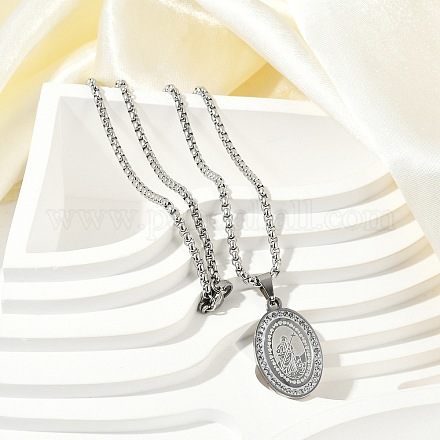 Мужские ожерелья с подвеской в форме овальной коробки из нержавеющей стали 201 с микропаве из прозрачных кубических цирконий NJEW-S387-02P-1