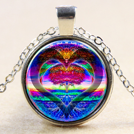 Tree Of Life Pattern Flat Round Glass Pendant Necklaces NJEW-N0051-048T-02-1