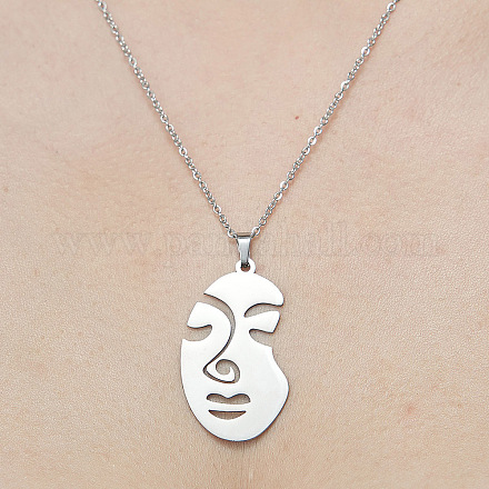 201 Stainless Steel Hollow Abstract Face Pendant Necklace NJEW-OY001-83-1