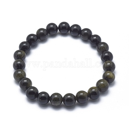 Natural Golden Sheen Obsidian Bead Stretch Bracelets BJEW-K212-B-020-1