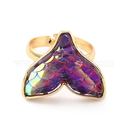 人魚のフィッシュテール樹脂調節可能な指輪  女の子の女性のための真鍮の指輪  ゴールドカラー  暗紫色  usサイズ7（17.3mm） RJEW-C009-01A-01-1