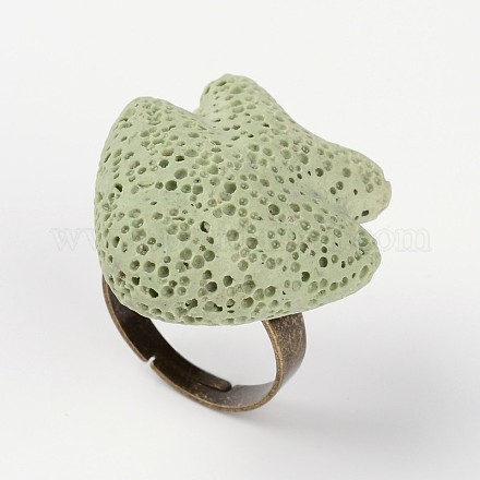 調整可能な魚の溶岩岩の宝石用原石の指輪  プラチナメッキ真鍮パーツ  淡緑色  19mm RJEW-I015-04-1