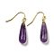 Ion Plating(IP) Natural Amethyst Dangle Earring, with Brass Earring Hook, Teardrop, 34~36x7~7.5mm
