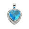 Rack Plating Brass Pendant, with Glass, Heart, Deep Sky Blue, 16.5x13.5x7mm, Hole: 4x3.5mm