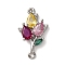 Brass Pave Colorful Cubic Zirconia Flower Links Connector Charms, Long-Lasting Plated, Rack Plating, Cadmium Free & Lead Free, Platinum, 21x12x4mm, Hole: 1.2mm and 1.4mm