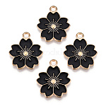 Emaille Anhänger Legierung, Sakura Blume, Licht Gold, Schwarz, 20.5x17.5x1.5 mm, Bohrung: 2 mm