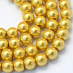 Backen gemalt pearlized Glasperlen runden Perle Stränge, golden, 6~7 mm, Bohrung: 1 mm, ca. 145 Stk. / Strang, 31.4 Zoll