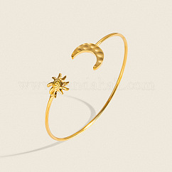 Brazaletes abiertos de acero inoxidable 304 con textura de luna y sol para mujer., dorado, diámetro interior: 2.56 pulgada (6.5 cm)
