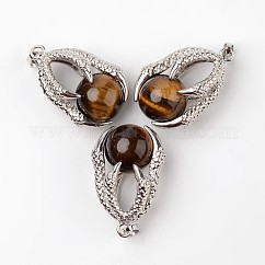 Colgantes de ojo de tigre natural de aleación de garra de águila, Platino, 34~36x22~24x16mm, agujero: 5x8 mm