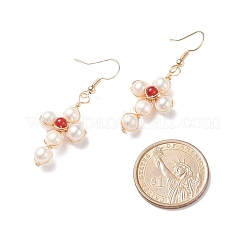 天然シェルと赤瑪瑙の編組クロス ダングル イヤリング  女性のための金メッキ真鍮ワイヤー ラップ ジュエリー  50mm  ピン：0.6mm&nbsp;EJEW-JE04954-04