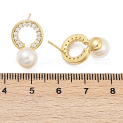 Плоские круглые серьги-гвоздики из латуни с микропаве и прозрачным фианитом EJEW-H154-02G