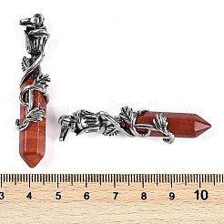 天然の赤いジャスパーのファセット加工された二重の尖った大きなペンダント  合金のバラで包まれた六角柱のチャーム  アンティークシルバー  51~53x14x10.5mm  穴：4.5mm&nbsp;G-P547-03AS-17A