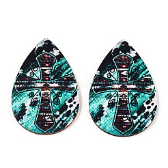 Grands pendentifs en bois avec croix imprimée&nbsp;WOOD-CJC0015-01B