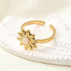 女性用304ステンレススチールカフリング  樹脂と  18KGP本金メッキ  花  13.5x14mm&nbsp;RJEW-U062-02C-01G