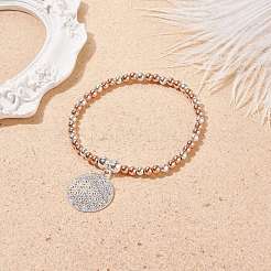 Bracciale elasticizzato in ottone bicolore con perline tonde e charm floreale da donna&nbsp;BJEW-JB08598