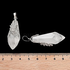 天然水晶ロッククリスタルファセットティアドロップペンダント  ラックメッキプラチナトーン真鍮フラワーチャーム  カドミウムフリー＆鉛フリー  44~45.5x14.5~15.5x16~17mm  穴：6.5x5mm&nbsp;G-Q163-04P-05