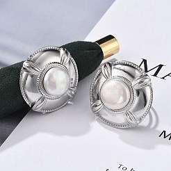 304ステンレススチール指輪  淡水パールビーズ付き  フラットラウンド  ステンレス鋼色  usサイズ6（16.5mm）&nbsp;RJEW-S396-02P