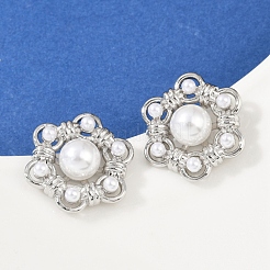 Серьги-гвоздики из искусственного жемчуга с цветком из латуни и АБС-пластика EJEW-M082-09P