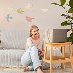 鳥の木製ウォールステッカー12枚  壁の装飾  丸型透明アクリル両面粘着剤35個付き  バリーウッド  55~118x75~125x2.5mm&nbsp;AJEW-CA0005-56