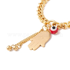 Bracelet rond en lampwork et main de Fatima avec breloque mauvais œil et chaîne en acier inoxydable 304 pour femme&nbsp;STAS-P304-17G