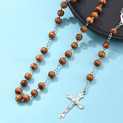 Oración religiosa collar de lazo con cuentas de madera de pino&nbsp;BJEW-O140-04P